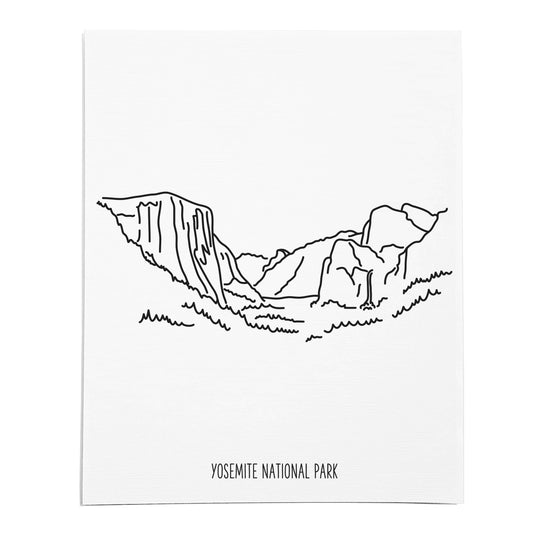 An art print featuring a line drawing of Yosemite National Park on white linen paper
