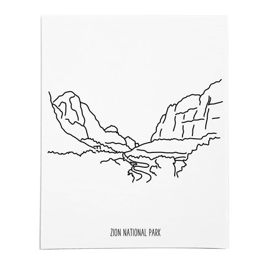 An art print featuring a line drawing of Zion National Park on white linen paper