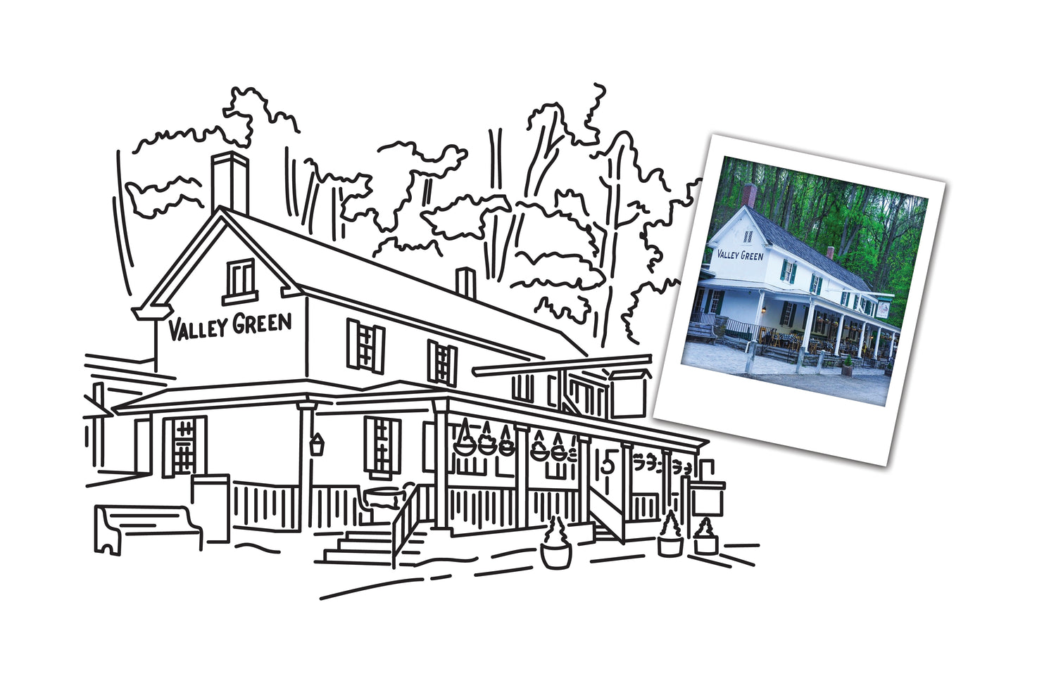 a custom drawing of a wedding venue with the supporting photo