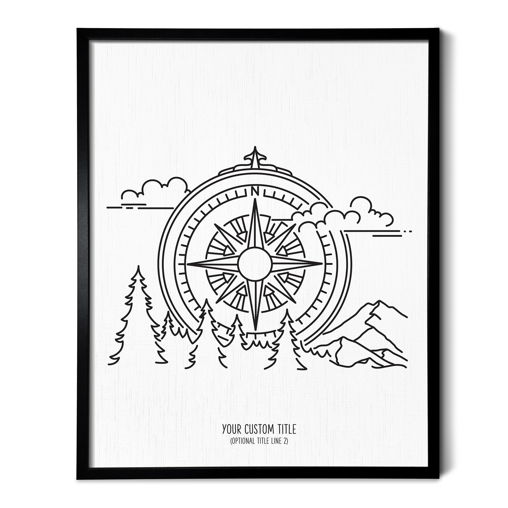 A line art drawing of the Adventure Compass Drawing on white linen paper in a thin black picture frame