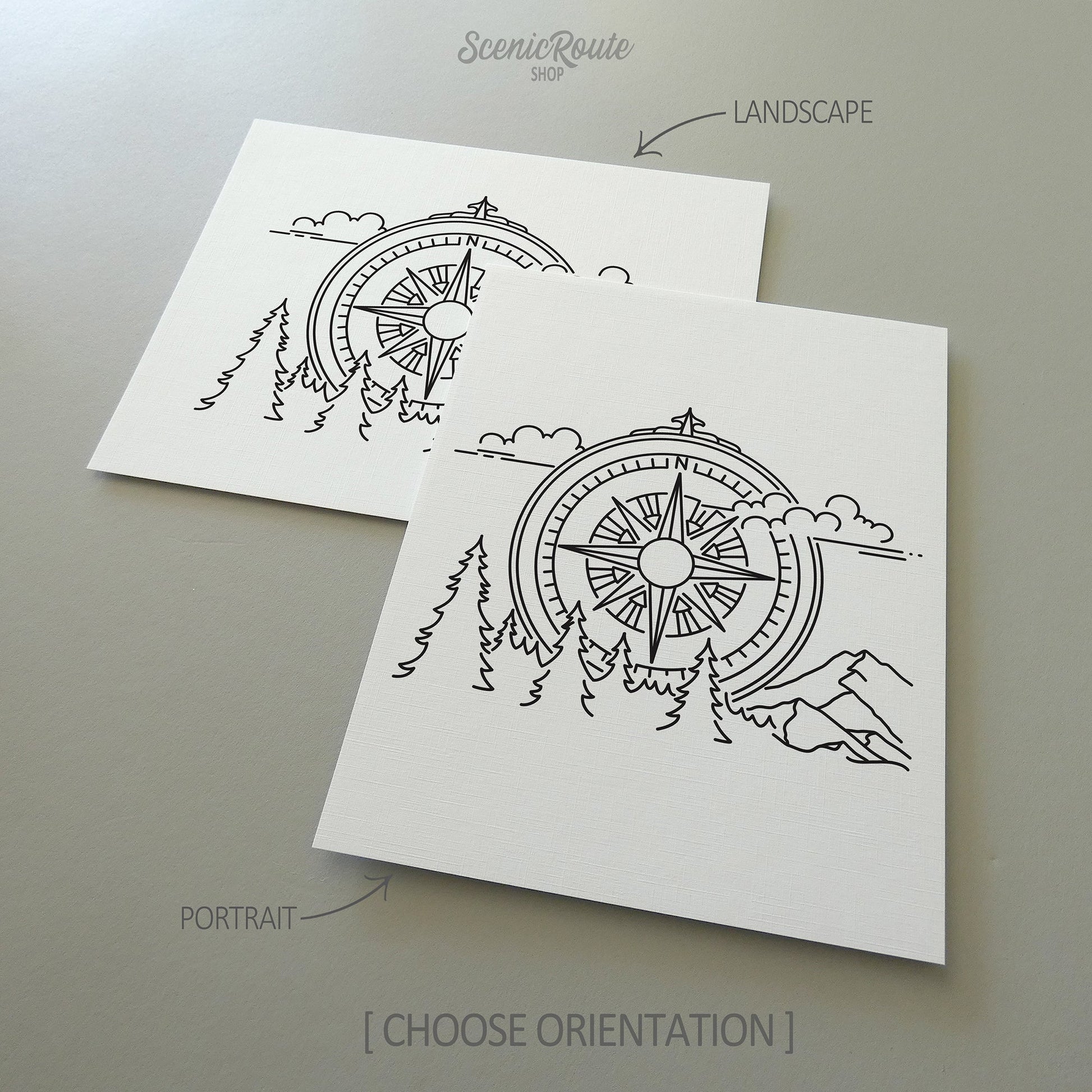 Two line art drawings of the Adventure Compass Drawing on white linen paper with a gray background.  The pieces are shown in portrait and landscape orientation for the available art print options.