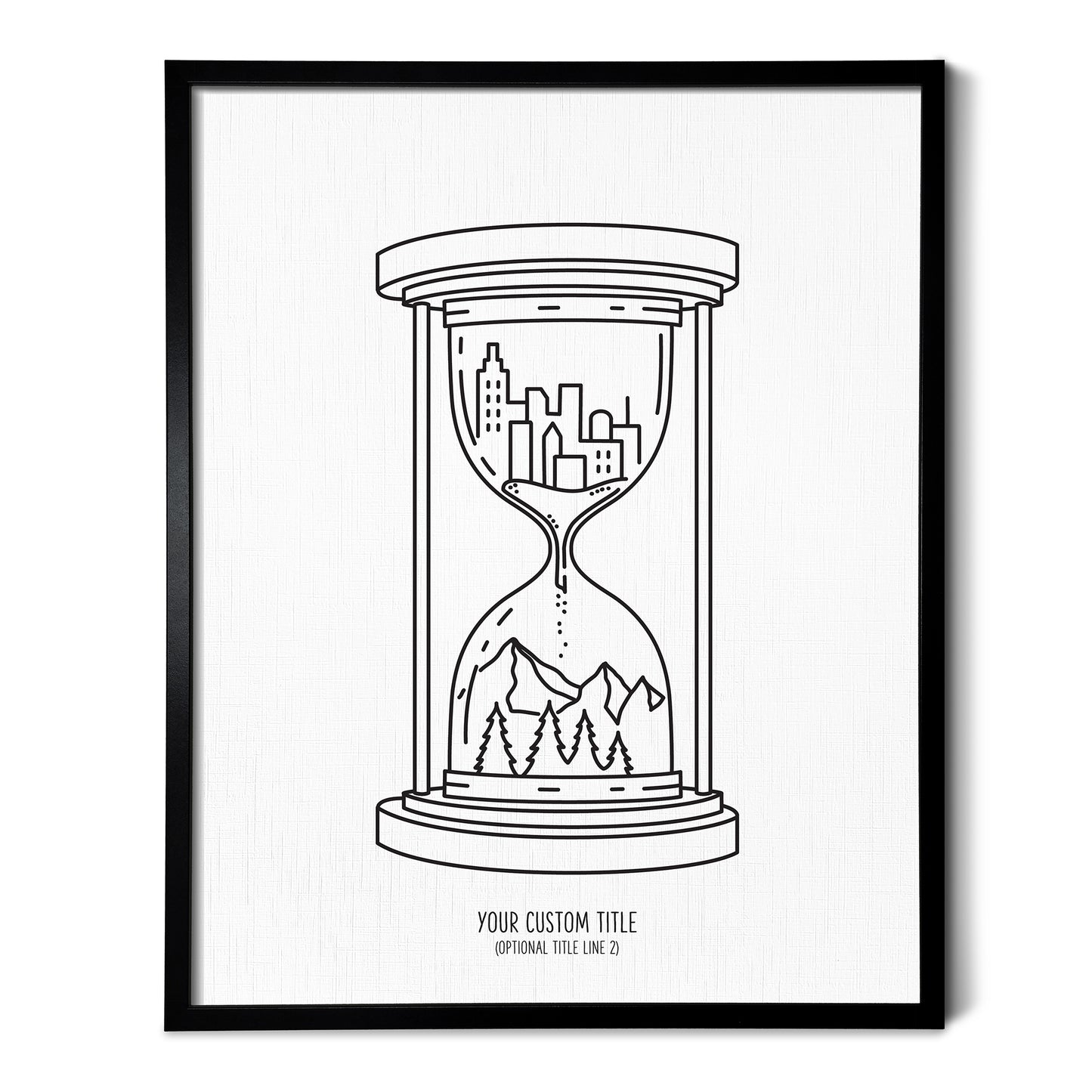 A line art drawing of the Adventure Hourglass Drawing on white linen paper in a thin black picture frame