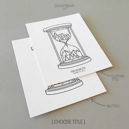 Two line art drawings of the Adventure Hourglass Drawing on white linen paper with a gray background.  The pieces are shown with “No Title” and “Custom Title” options for the available art print options.