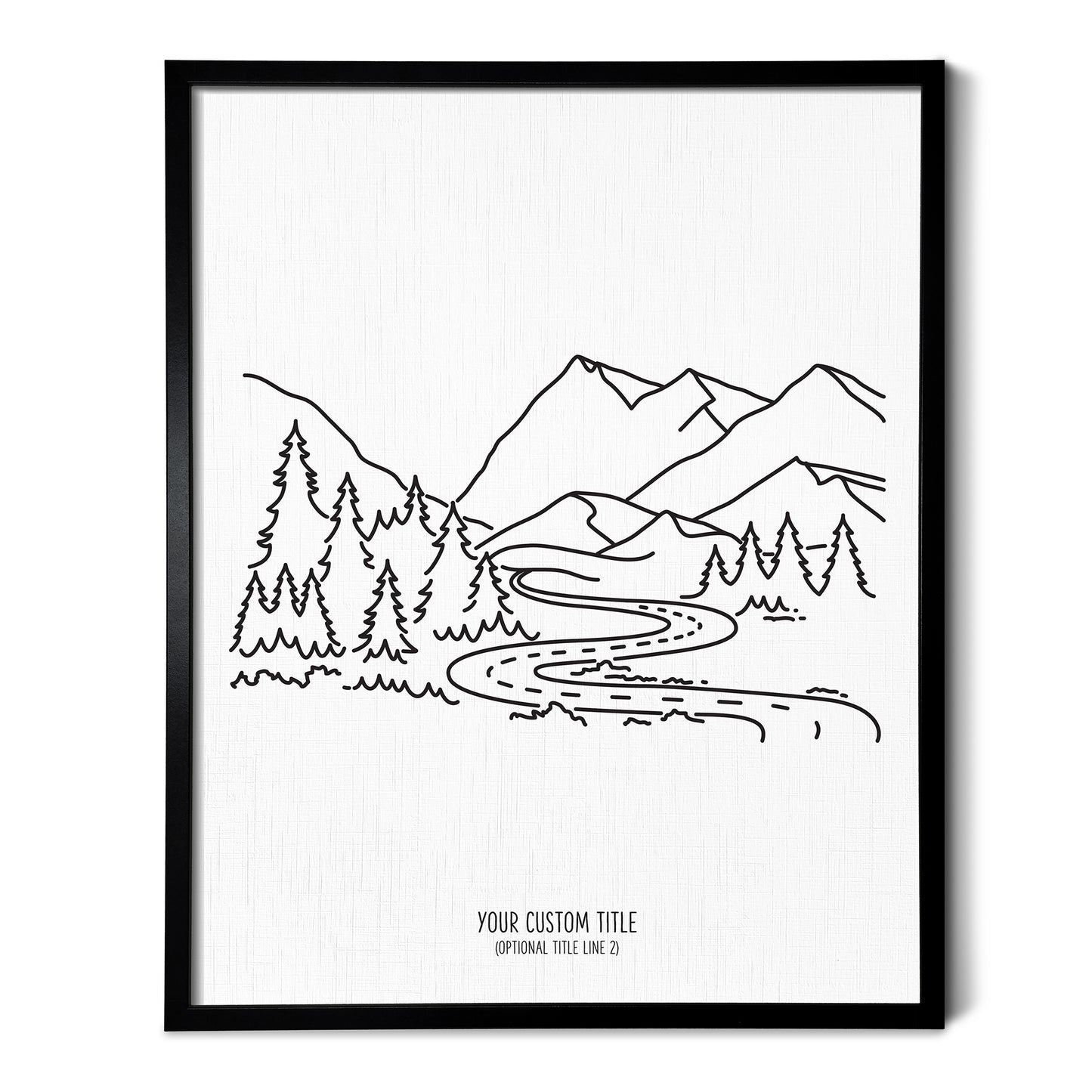 A line art drawing of the Adventure Mountain Drawing on white linen paper in a thin black picture frame