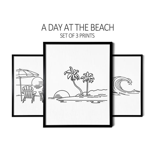 Custom line art drawings of Adirondack Beach Chairs, an Island, and Waves on white linen paper in thin black picture frames