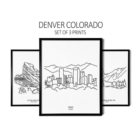 Custom line art drawings of the Red Rocks Amphitheatre, the Denver Skyline, and Rocky Mountain National Park on white linen paper in thin black picture frames