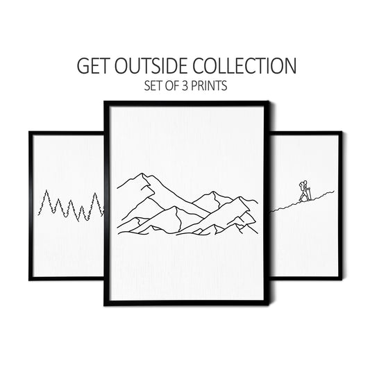 Custom line art drawings of Camping, a Mountain Range, and a person Hiking on white linen paper in thin black picture frames