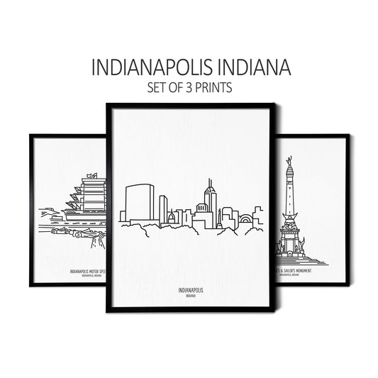 Custom line art drawings of the Speedway Pagoda, the Indianapolis Skyline, and the Soldiers and Sailors Monument on white linen paper in thin black picture frames