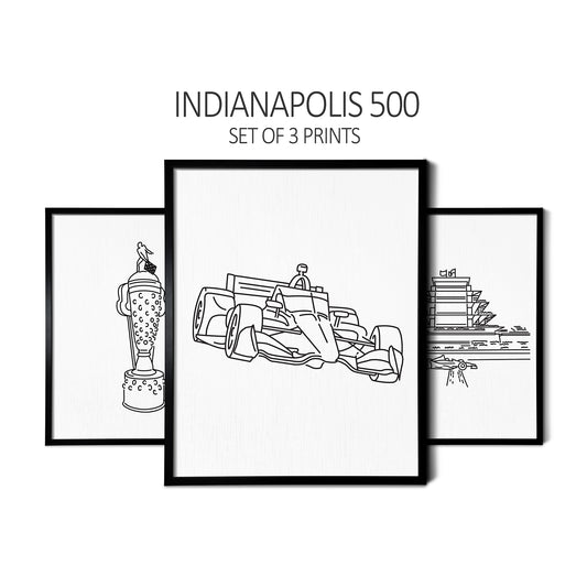 Custom line art drawings of the Indy Car Trophy, an Indy Car, and the Speedway Pagoda on white linen paper in thin black picture frames
