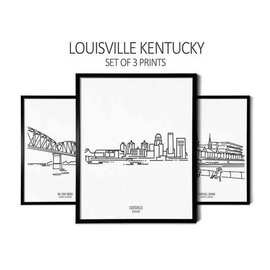 Custom line art drawings of the Big Four Bridge, the Louisville Skyline, and Churchill Downs on white linen paper in thin black picture frames