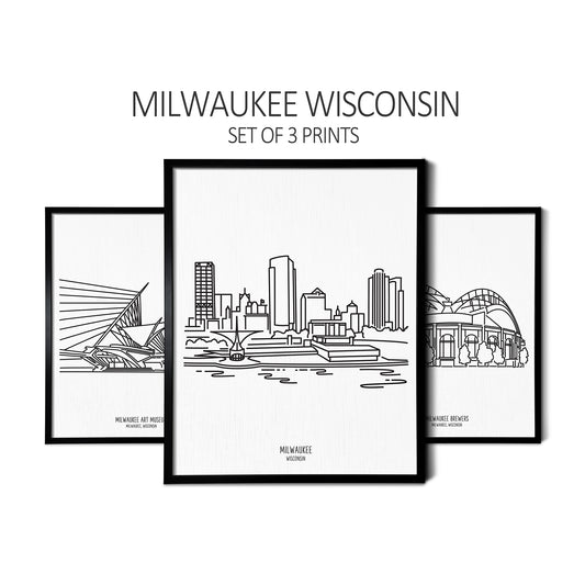 Custom line art drawings of the Milwaukee Art Museum, Milwaukee Skyline, and Milwaukee Brewers Ballpark on white linen paper in thin black picture frames
