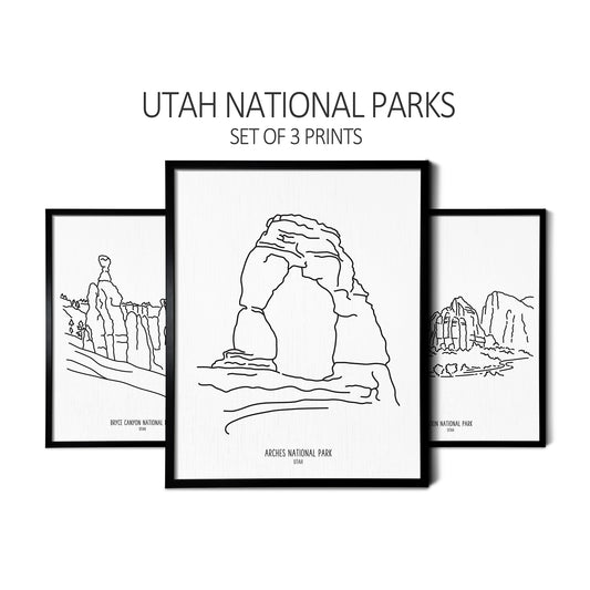 Custom line art drawings of Bryce Canyon National Park, Arches National Park, and Zion National Park on white linen paper in thin black picture frames