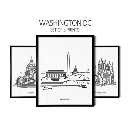 Custom line art drawings of the Capitol, the Washington DC Skyline, and National Cathedral on white linen paper in thin black picture frames
