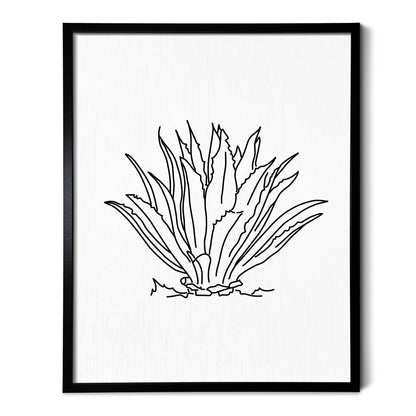 A line art drawing of an Agave Cactus on white linen paper in a thin black picture frame