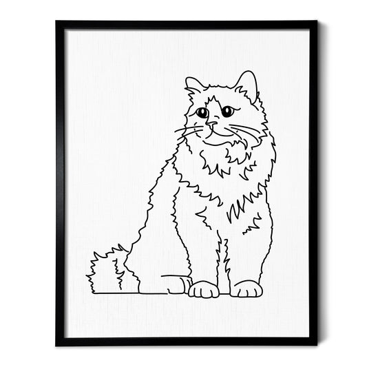 A line art drawing of a Birman cat on white linen paper in a thin black picture frame