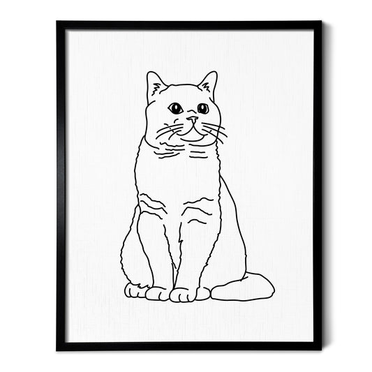 A line art drawing of a British Shorthair cat on white linen paper in a thin black picture frame