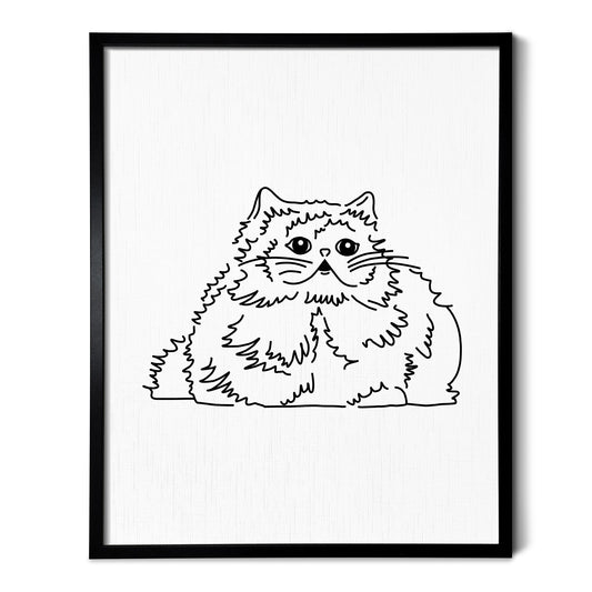 A line art drawing of a Himalayan cat on white linen paper in a thin black picture frame
