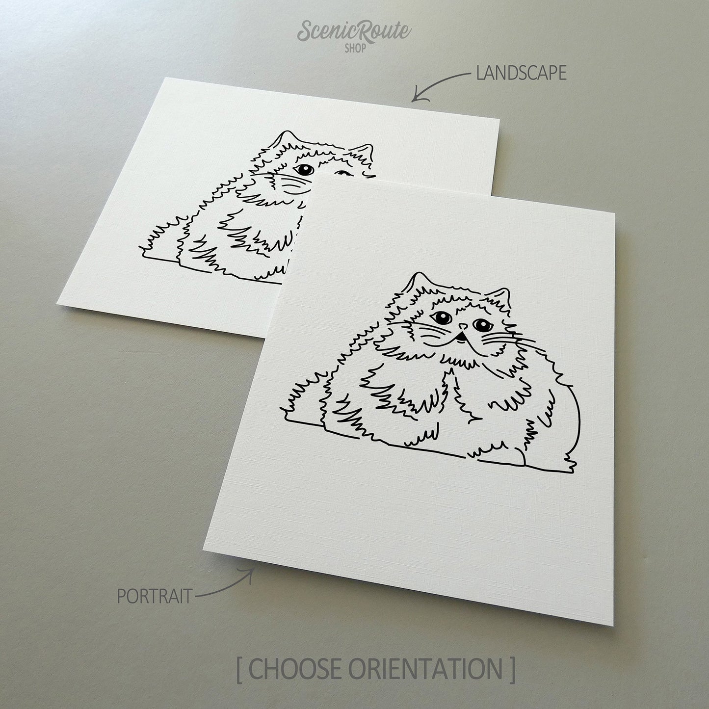 Two line art drawings of a Himalayan cat on white linen paper with a gray background.  The pieces are shown in portrait and landscape orientation for the available art print options.