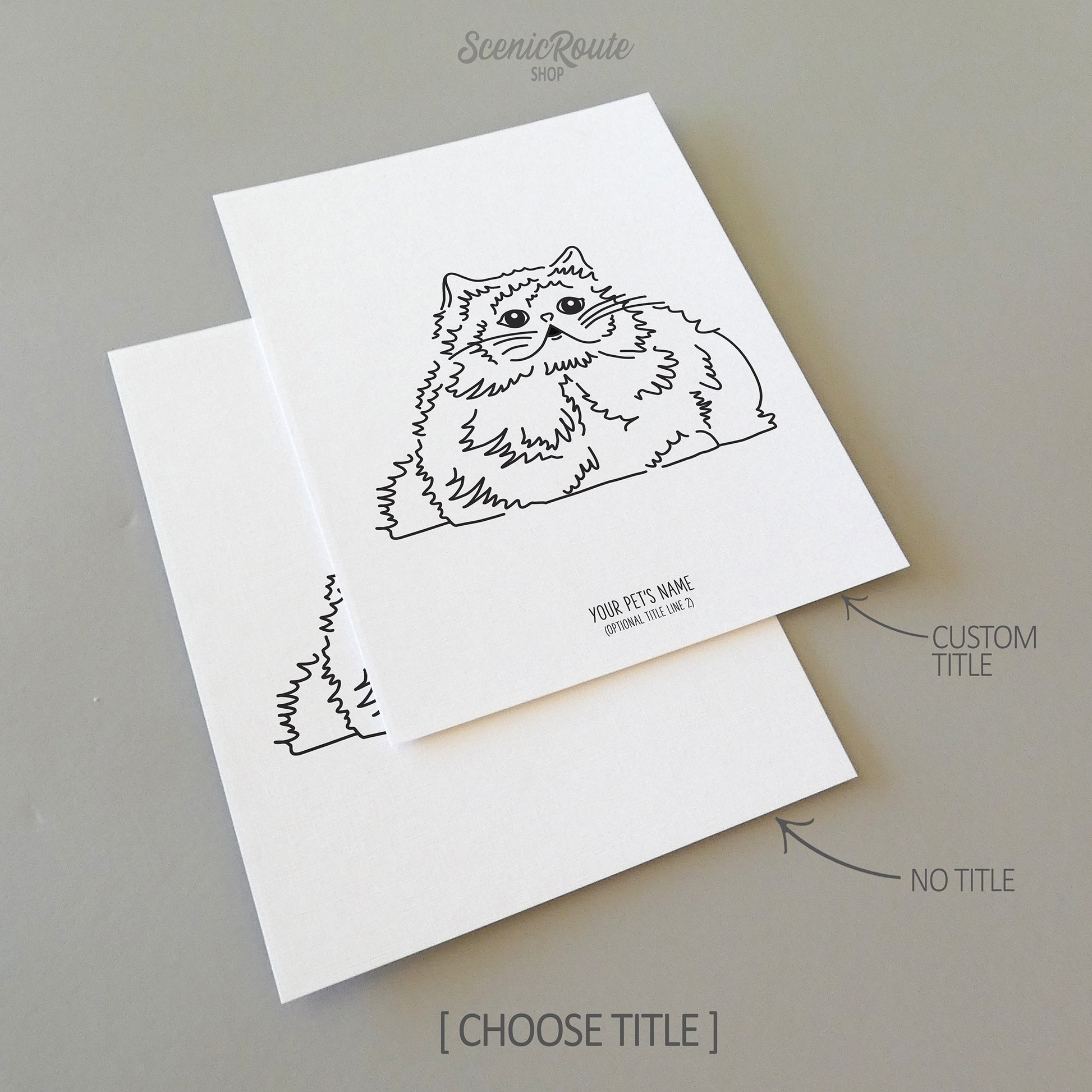 Two line art drawings of a Himalayan Cat on white linen paper with a gray background.  The pieces are shown with “No Title” and “Custom Title” options for the available art print options.