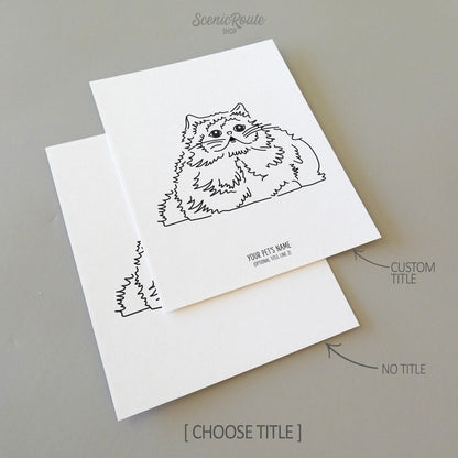 Two line art drawings of a Himalayan Cat on white linen paper with a gray background.  The pieces are shown with “No Title” and “Custom Title” options for the available art print options.