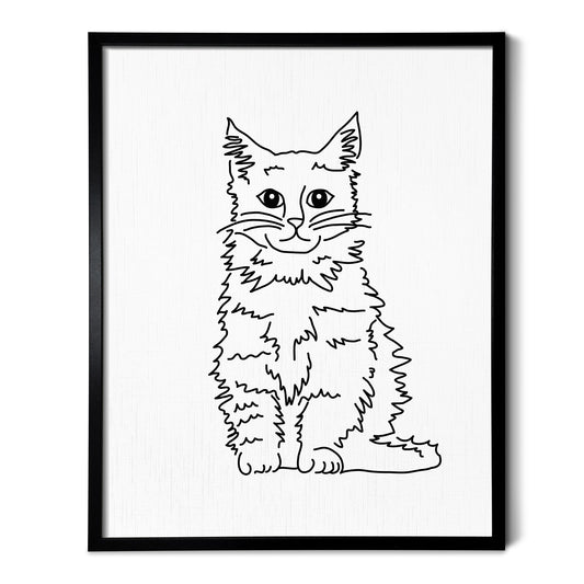 A line art drawing of a Maine Coon cat on white linen paper in a thin black picture frame