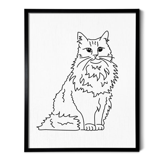 A line art drawing of a Norwegian Forest cat on white linen paper in a thin black picture frame
