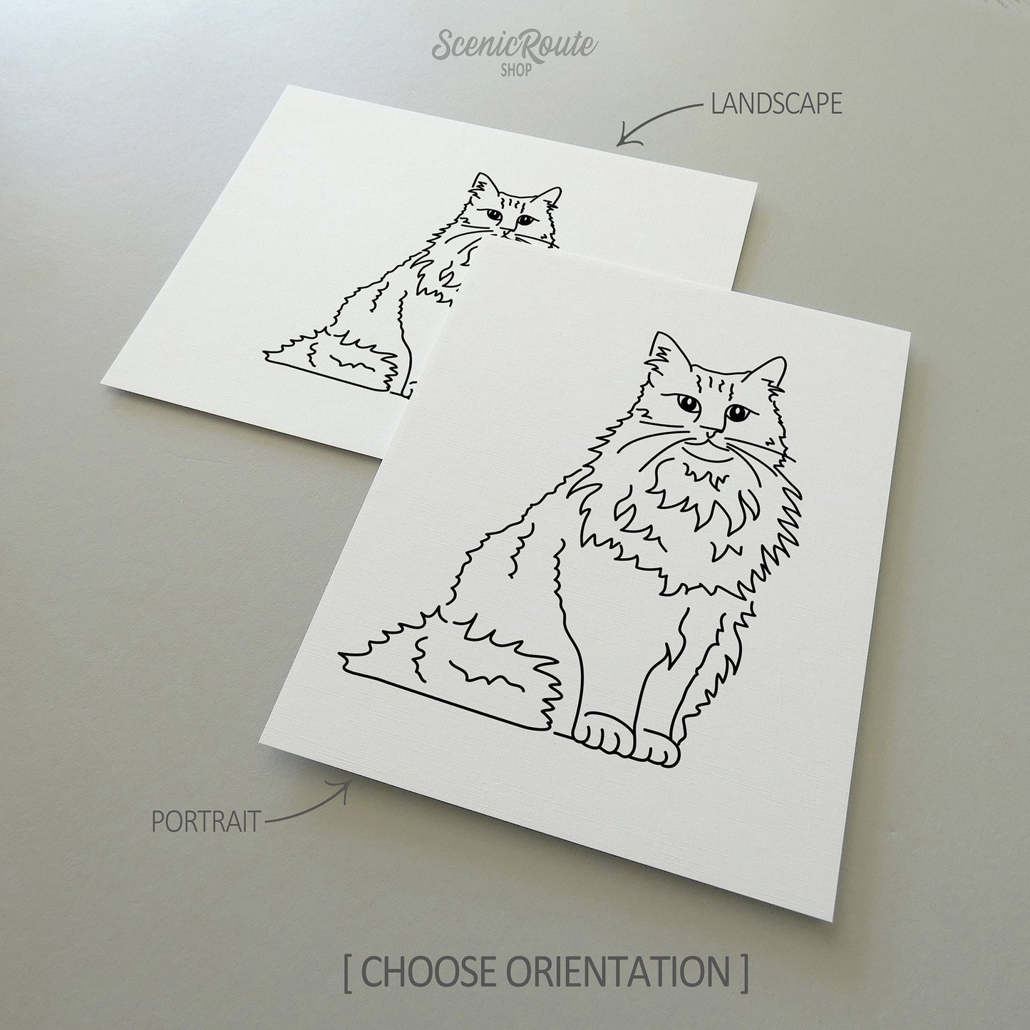 Two line art drawings of a Norwegian Forest cat on white linen paper with a gray background.  The pieces are shown in portrait and landscape orientation for the available art print options.