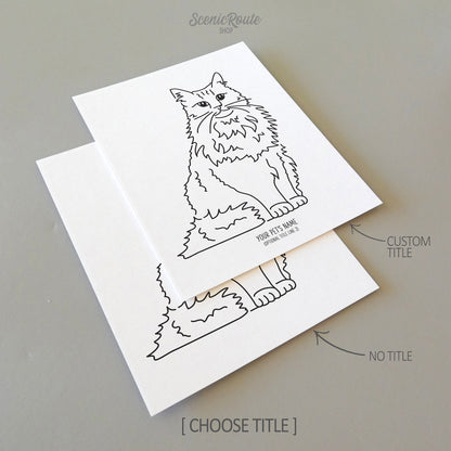Two line art drawings of a Norwegian Forest Cat on white linen paper with a gray background.  The pieces are shown with “No Title” and “Custom Title” options for the available art print options.