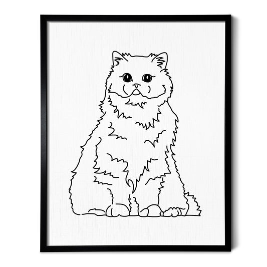 A line art drawing of a Persian cat on white linen paper in a thin black picture frame
