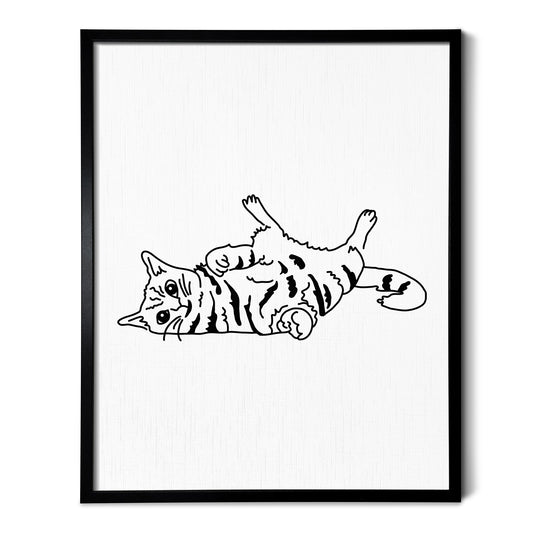 A line art drawing of a Playful Cat on white linen paper in a thin black picture frame