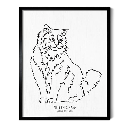 A line art drawing of a Ragdoll cat on white linen paper in a thin black picture frame