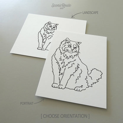 Two line art drawings of a Ragdoll cat on white linen paper with a gray background.  The pieces are shown in portrait and landscape orientation for the available art print options.