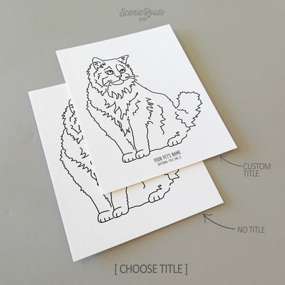 Two line art drawings of a Ragdoll Cat on white linen paper with a gray background.  The pieces are shown with “No Title” and “Custom Title” options for the available art print options.
