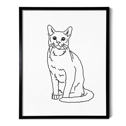 A line art drawing of a Russian Blue cat on white linen paper in a thin black picture frame