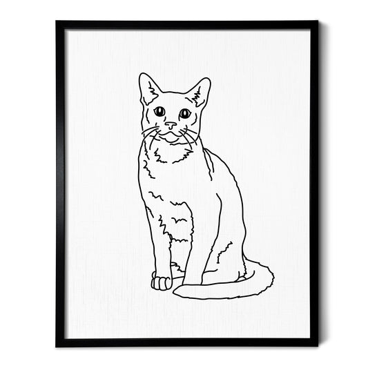 A line art drawing of a Russian Blue cat on white linen paper in a thin black picture frame