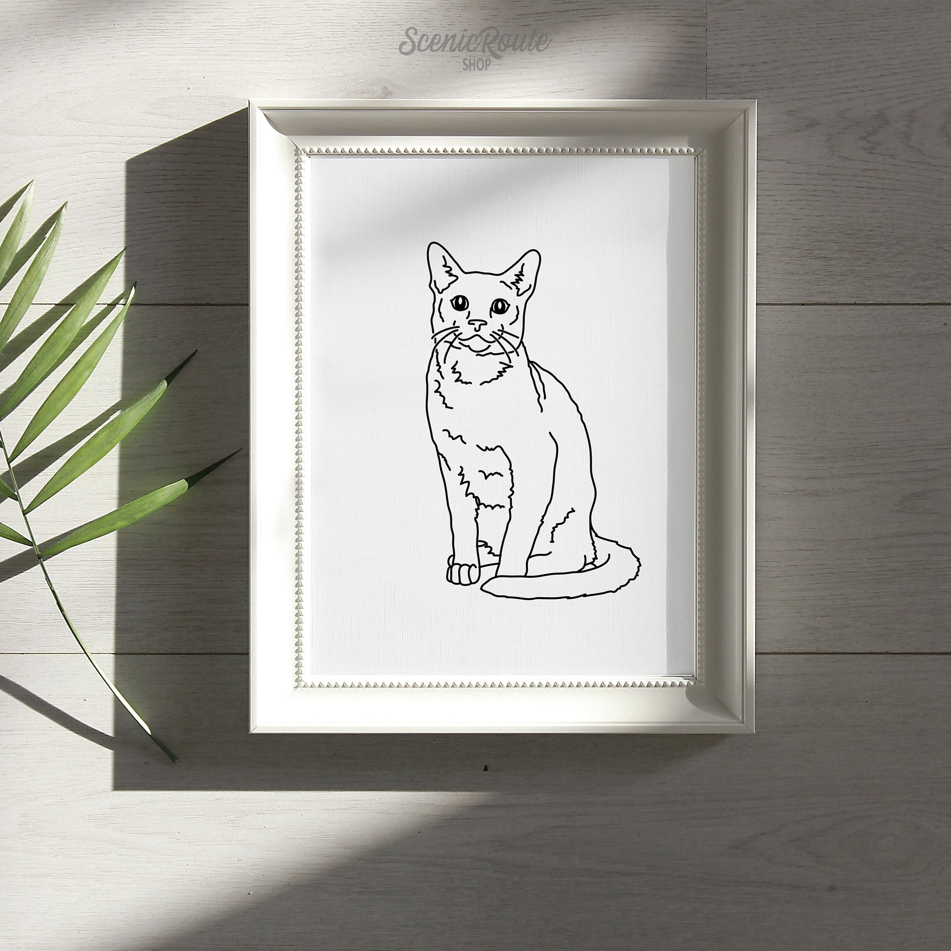 A framed line art drawing of a Russian Blue cat on a wood table with a palm leaf