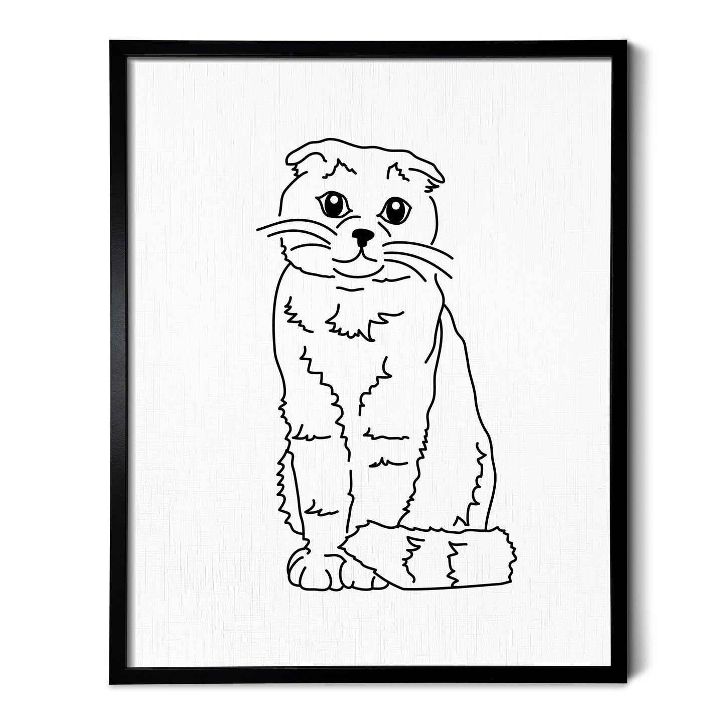 A line art drawing of a Scottish Fold cat on white linen paper in a thin black picture frame