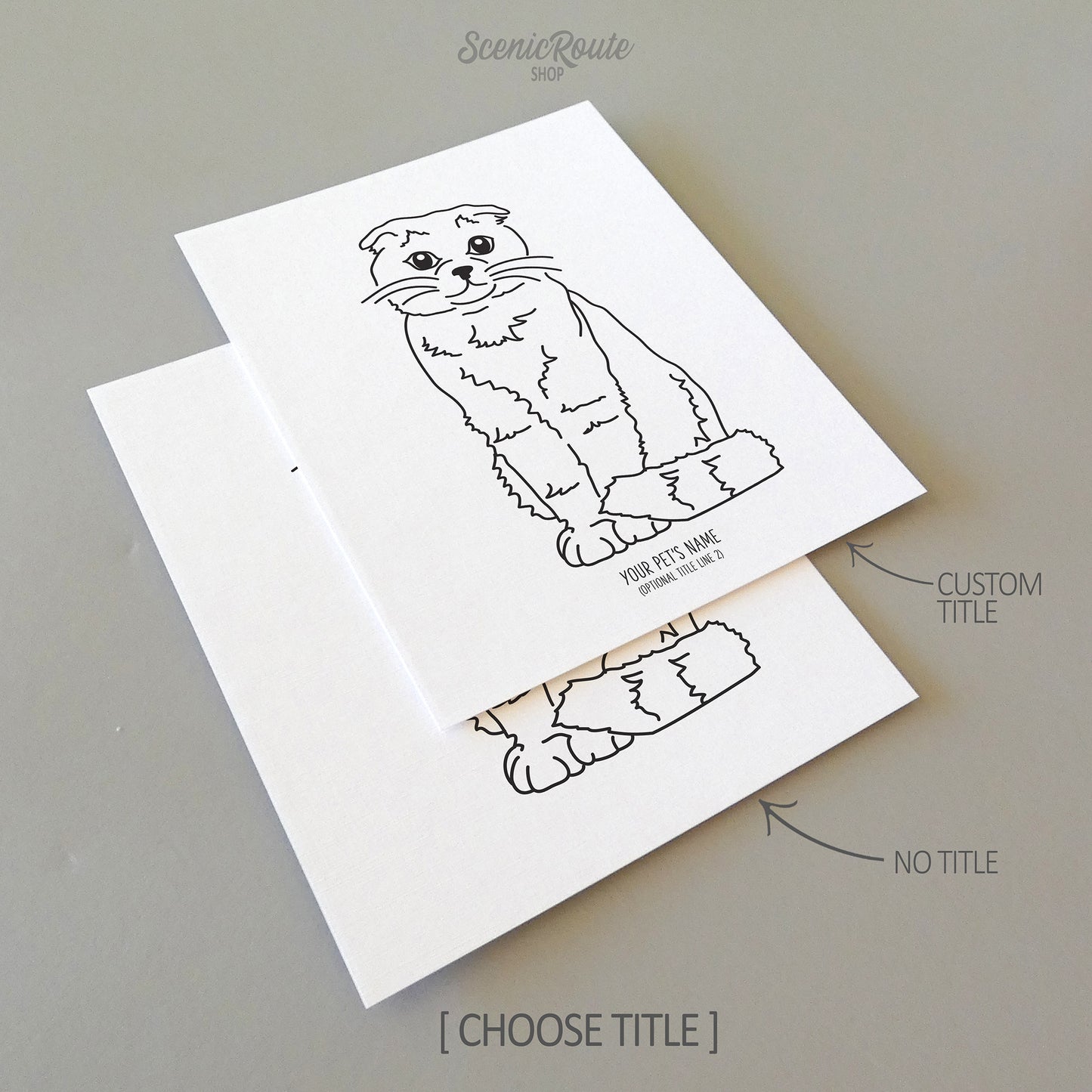 Two line art drawings of a Scottish Fold Cat on white linen paper with a gray background.  The pieces are shown with “No Title” and “Custom Title” options for the available art print options.