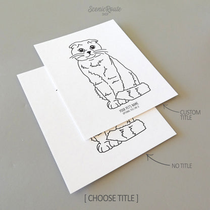 Two line art drawings of a Scottish Fold Cat on white linen paper with a gray background.  The pieces are shown with “No Title” and “Custom Title” options for the available art print options.