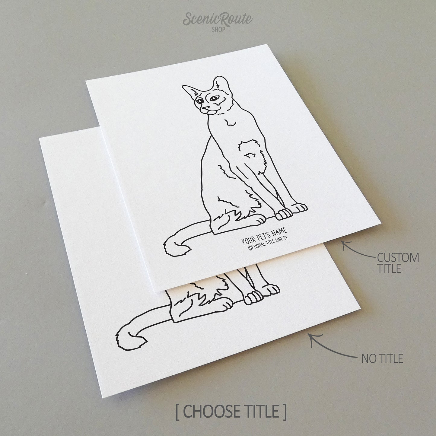 Two line art drawings of a Siamese Cat on white linen paper with a gray background.  The pieces are shown with “No Title” and “Custom Title” options for the available art print options.
