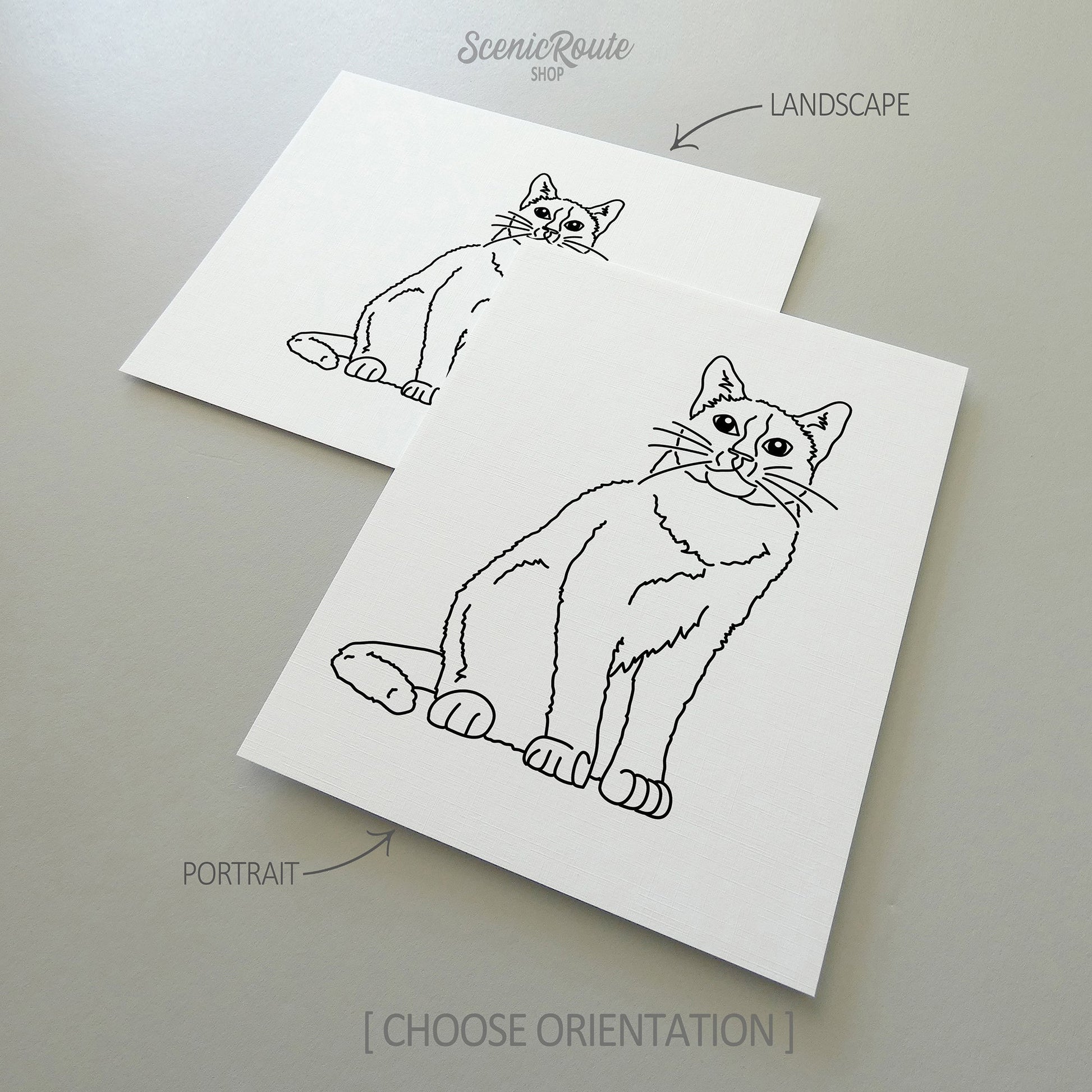 Two line art drawings of a Snowshoe cat on white linen paper with a gray background.  The pieces are shown in portrait and landscape orientation for the available art print options.