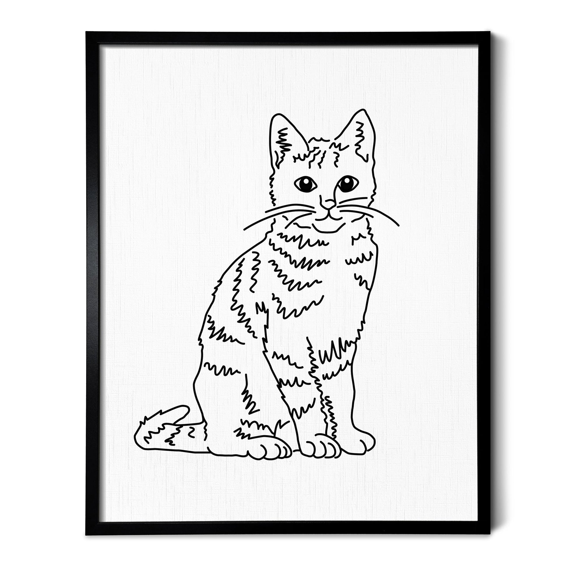 A line art drawing of a Tabby Cat on white linen paper in a thin black picture frame