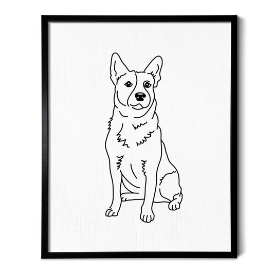 A drawing of an Australian Cattle Dog on white linen paper in a thin black picture frame