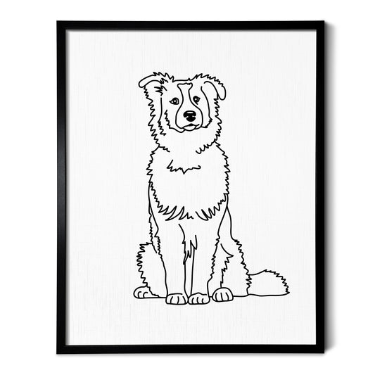 A drawing of an Australian Shepherd dog on white linen paper in a thin black picture frame