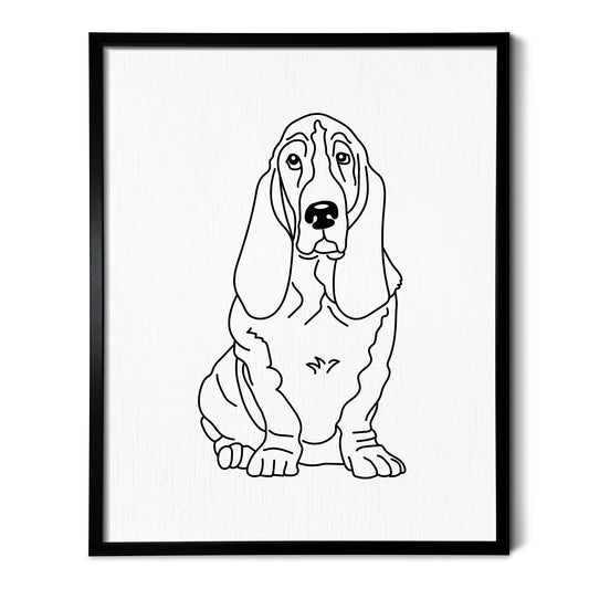 A drawing of a Basset Hound dog on white linen paper in a thin black picture frame