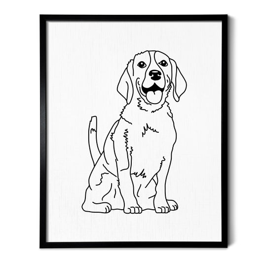 A drawing of a Beagle dog on white linen paper in a thin black picture frame