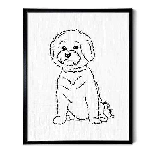 A drawing of a Bichon Frise dog on white linen paper in a thin black picture frame