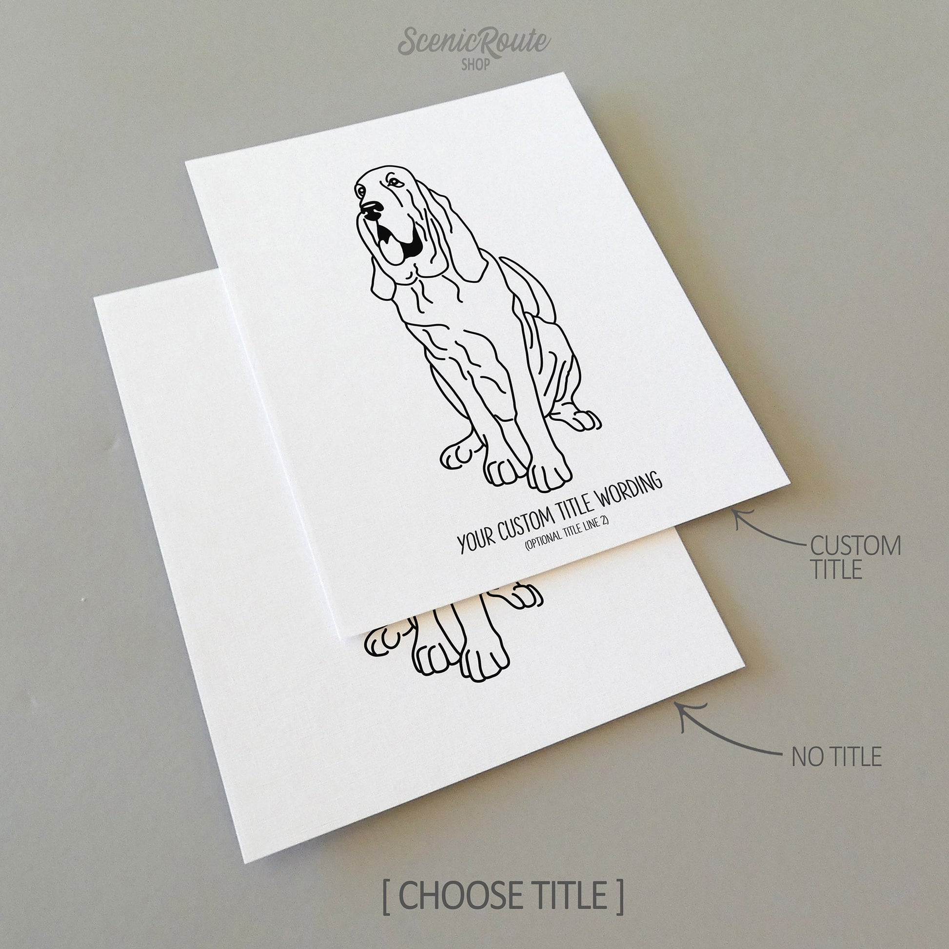 Two drawings of a Bloodhound dog on white linen paper with a gray background.  Pieces are shown with “No Title” and “Custom Title” options to illustrate the available art print options.