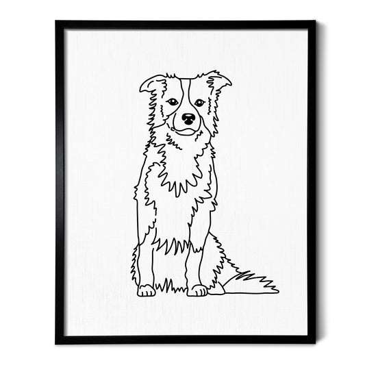 A drawing of a Border Collie dog on white linen paper in a thin black picture frame