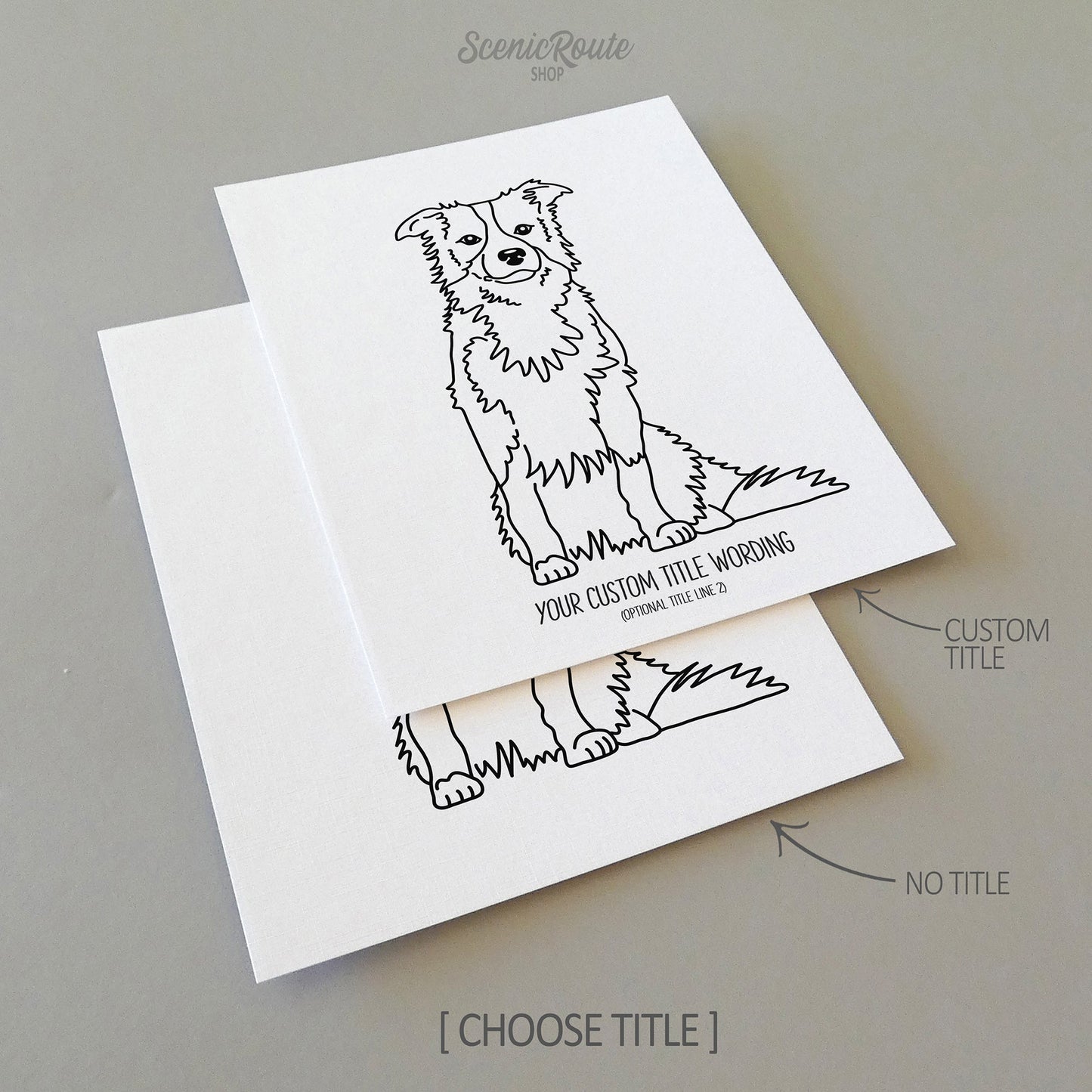 Two drawings of a Border Collie dog on white linen paper with a gray background.  Pieces are shown with “No Title” and “Custom Title” options to illustrate the available art print options.